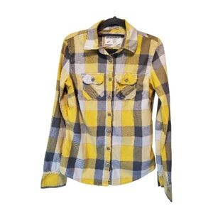 🍀Aeropostale Yellow and Gray Plaid Button Down Shirt Size Medium